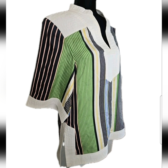 Tory Burch Womens Field Day Stripe Silk Tunic Multicolor Designer Blouse 10 - Picture 3 of 16
